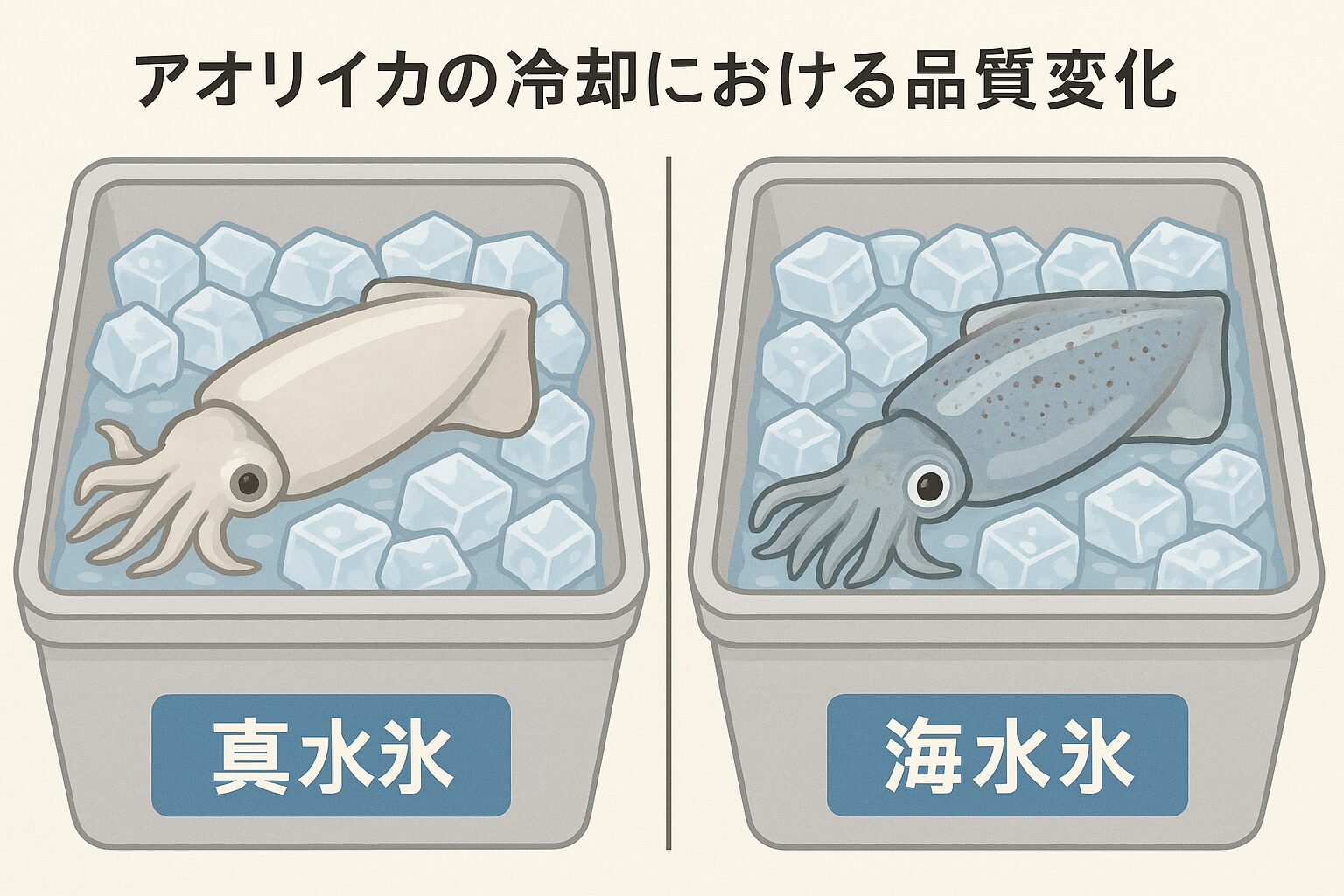 真水氷で冷やすとアオリイカの品質は急速に落ち、海水氷を使うことで旨味が1.3〜1.5倍残る。釣太郎