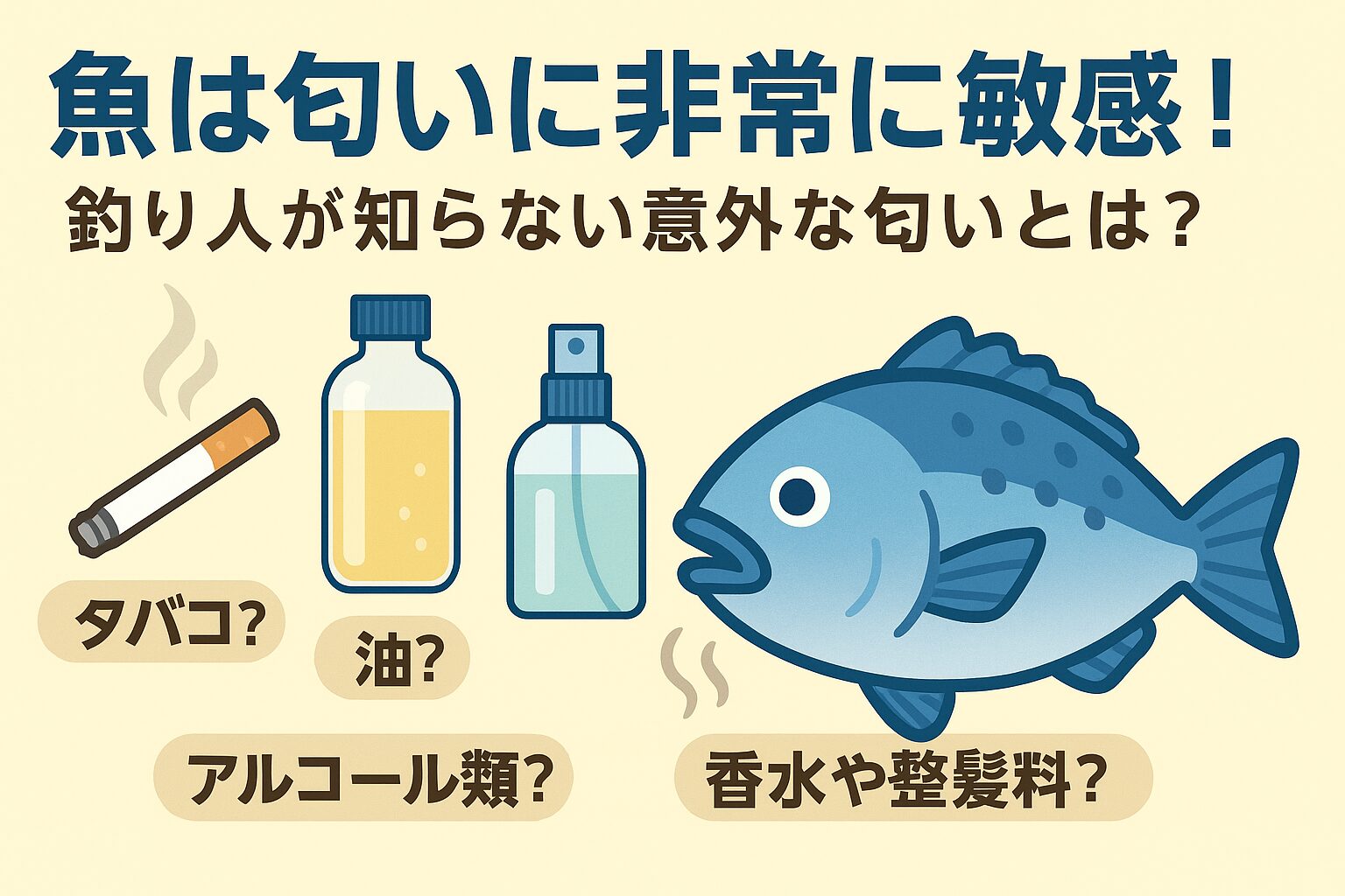 魚は人間には感じられないほど匂いに敏感で、数千倍以上の嗅覚センサーを持っている・タバコ・油（皮脂・日焼け止め・機械油）・アルコール類・香水や整髪料は厳禁。釣太郎