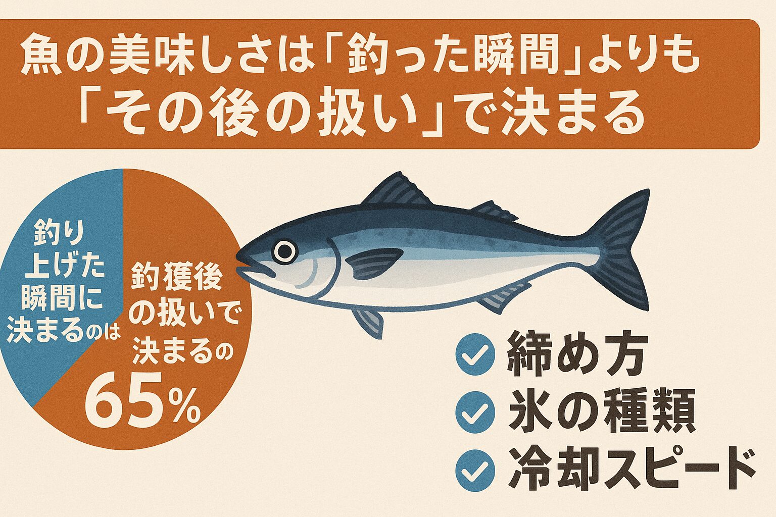 釣り上げ直後はまだ 35%の価値しかない。残りの 65%をどう守るか が釣り人の腕の見せどころ.釣太郎