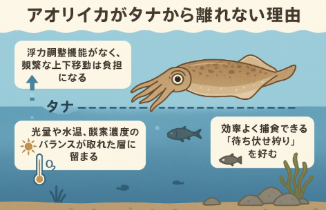 アオリイカがタナから離れないのは、以下の生態的な理由によります。浮力調整ができず、上下移動が負担になる ・光・水温・酸素のバランスが取れた層を好む。効率的な待ち伏せ捕食に適している.釣太郎