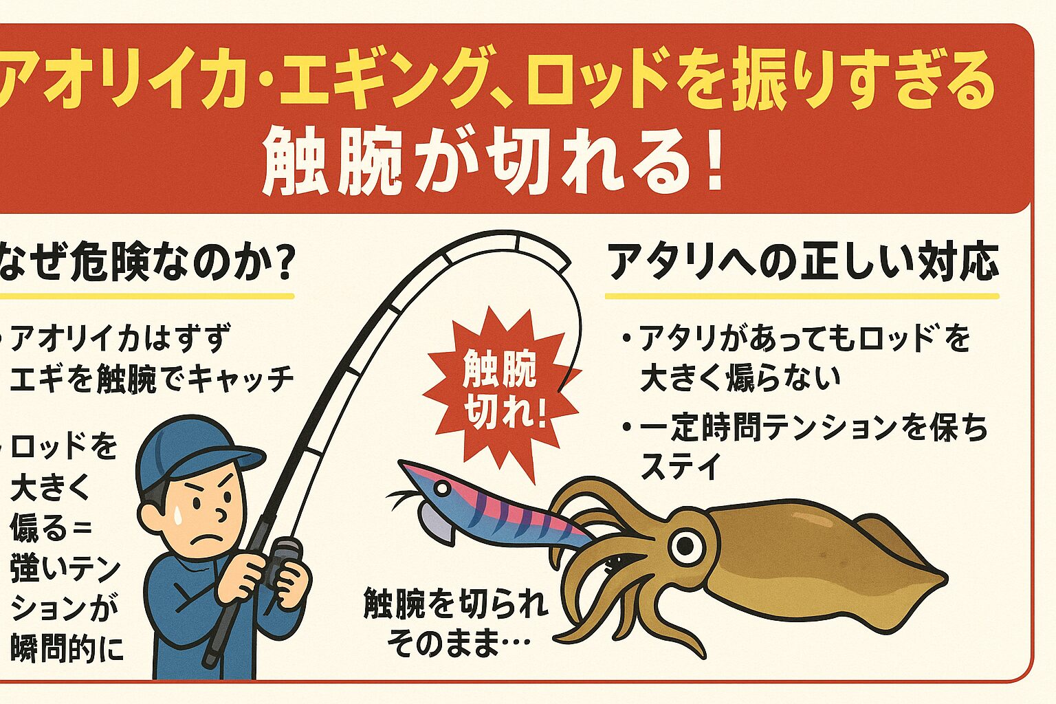 ロッドを振りまくる＝掛かりが浅い段階でテンションがかかり、触腕切れを招く。アタリを感じても、まずは本抱きするまでステイ。アオリイカは焦らせず、じっくり抱かせることで釣果は大きく変わる。釣太郎