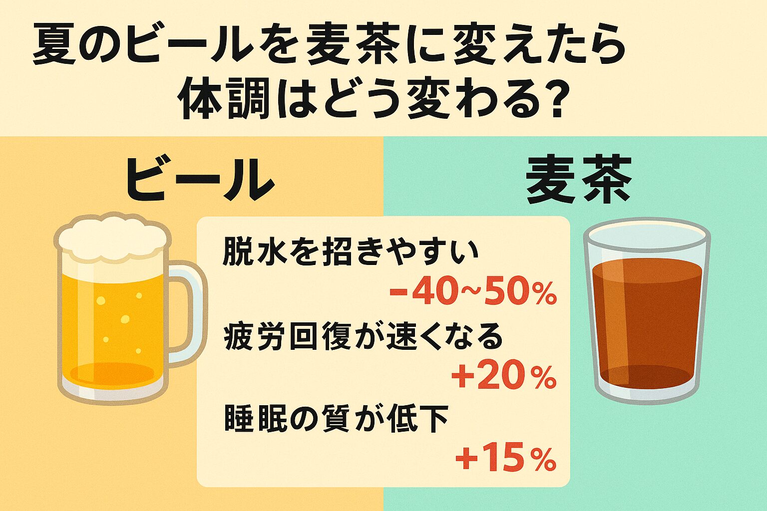 ビールは美味しいが、脱水と疲労を悪化させる要因になりやすい。 麦茶はカロリーゼロ・水分吸収効率が高く、熱中症予防と夏バテ回復に優秀。釣太郎