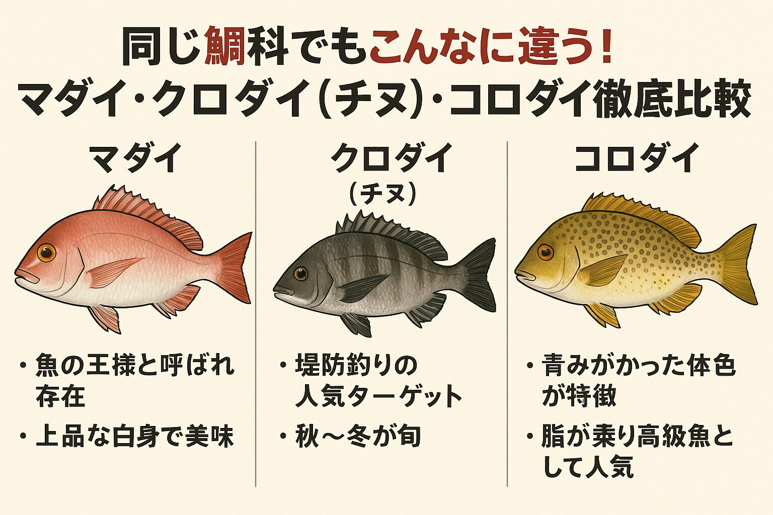 マダイ＝「魚の王様」、食味・釣趣ともに万能。クロダイ＝身近で狙える知能派、釣りの奥深さが魅力。コロダイ＝パワーファイターで美味、南方の磯釣りで人気。釣太郎