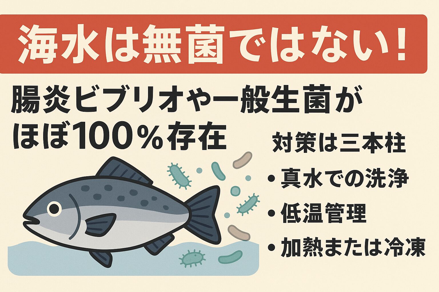 海水にはほぼ100%の確率で腸炎ビブリオや一般生菌が存在する。 存在量は水温や環境条件で変化。魚を安全に食べるためには、真水洗浄・低温管理・加熱/冷凍の徹底が必須。釣太郎