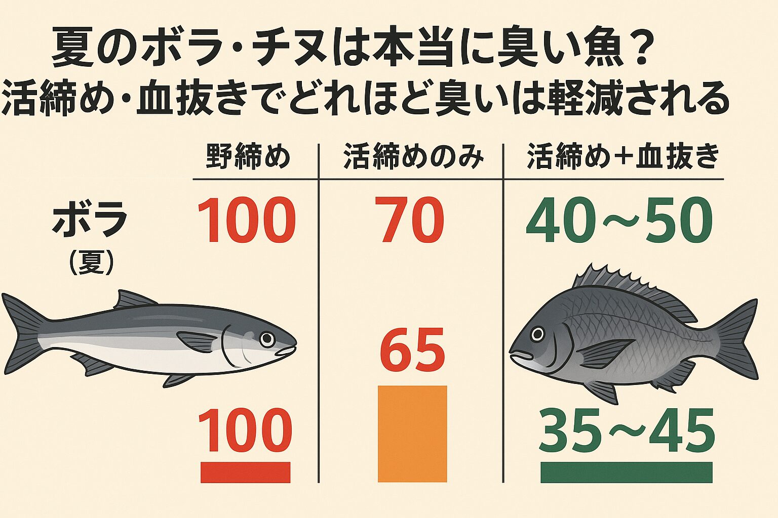 活締めと血抜きを徹底すれば、夏のボラ・チヌの 臭みは約50〜60％軽減可能。釣太郎