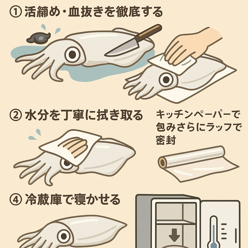 アオリイカは「釣りたての透明感」も魅力ですが、1日寝かせるだけで甘みと旨味が倍増 します。釣太郎