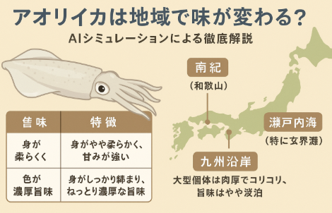 アオリイカの味の地域差。・南紀産：甘みを楽しむ刺身や握り寿司に最適・瀬戸内産：濃厚な旨味で、塩焼きや姿造りにぴったり・九州産：歯ごたえを活かした天ぷらや炙りがおすすめ。釣太郎