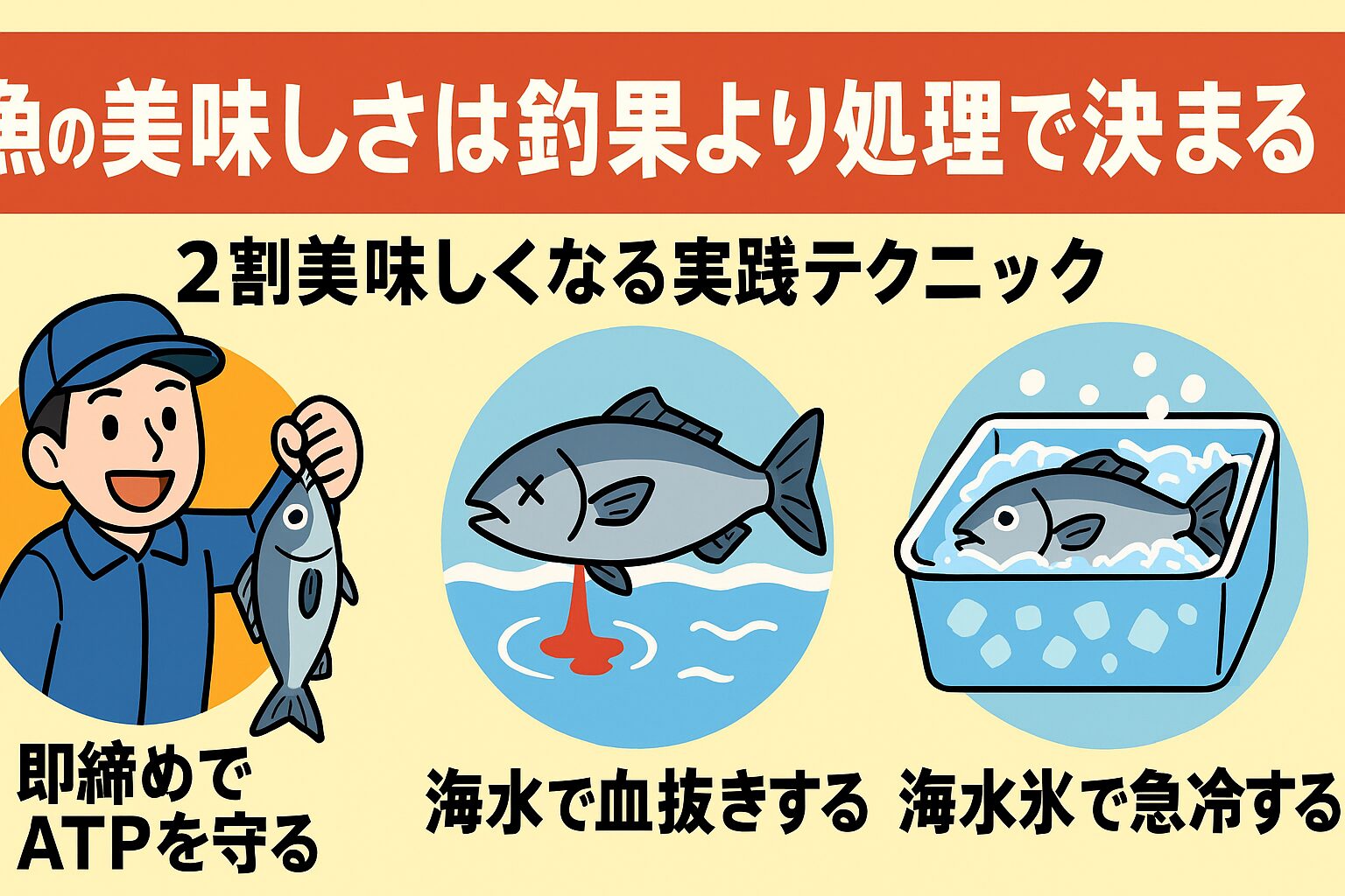 ・即締めでATPを守る ・海水で血抜きする ・海水氷で急冷する この3ステップを徹底するだけで、魚は 2割以上美味しくなる.釣太郎