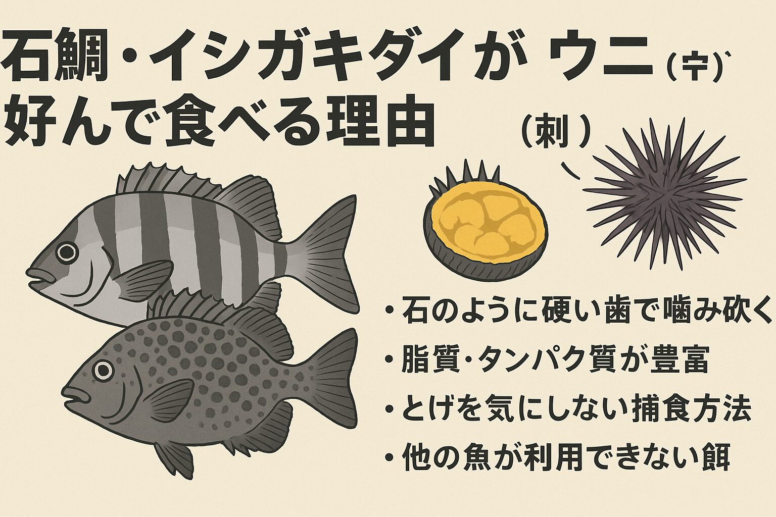 石鯛やイシガキダイがウニを好む理由は、歯の構造・栄養価の高さ・捕食のうまさ・競争相手の少なさという複合的な要因によります。「ウニ＝刺があって危険」という人間の感覚とは違い、彼らにとってはごちそうなのです。釣太郎