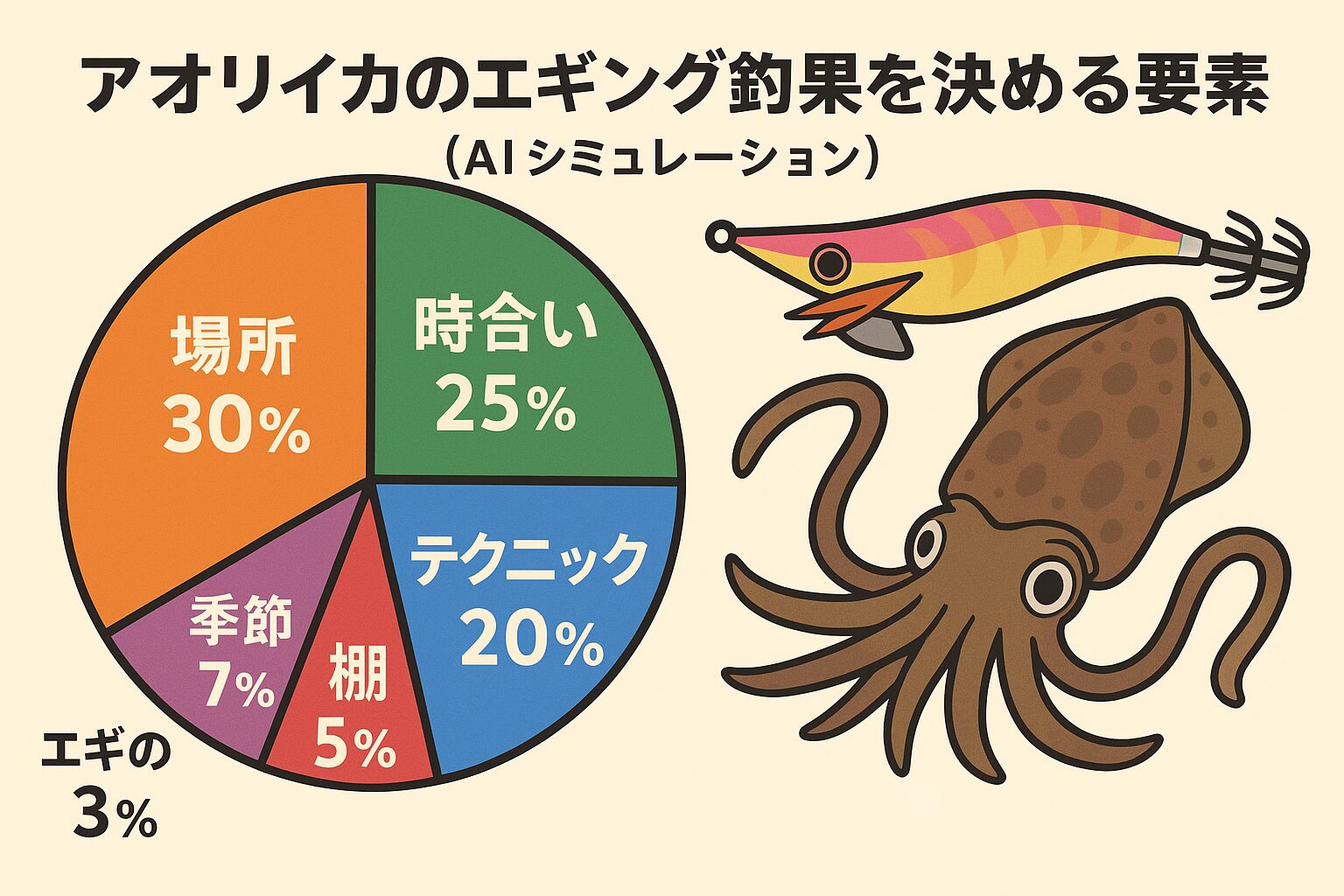 アオリイカエギングの釣果を決めるのは、
場所(30%)時合い(25%)テクニック(20%)。この3つだけで75%以上を占めます。釣太郎