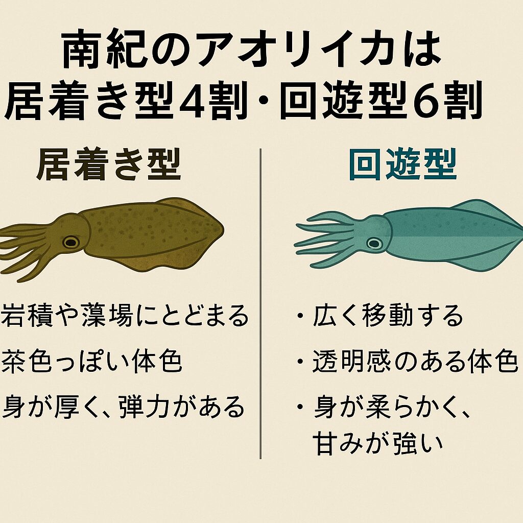 南紀のアオリイカは、 居着き型：約4割（安定したターゲット・コリコリ食感）回遊型：約6割（シーズン爆発型・甘み強い柔らかさ）釣太郎