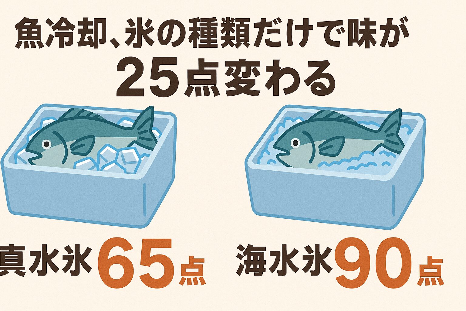 魚の美味しいさは冷却で変わる。氷の種類だけで味が25点変わる → 真水氷は65点、海水氷は90点。釣太郎