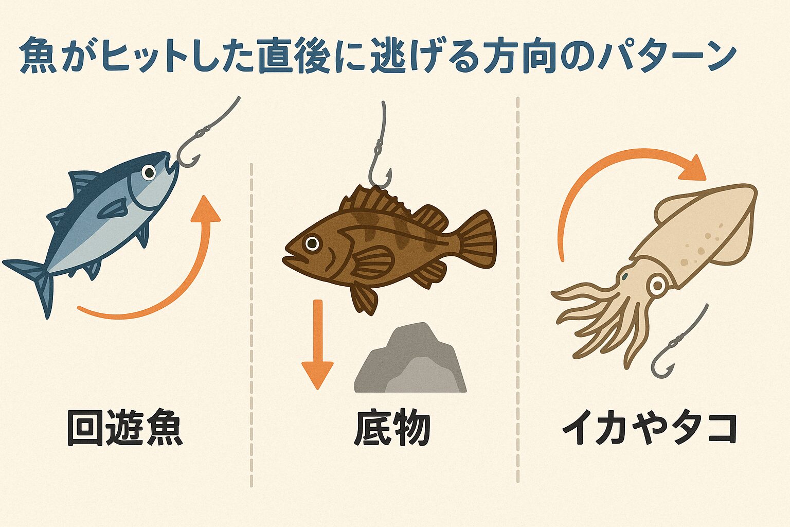 魚の逃げ方は、本能＋地形＋筋肉構造で決まる。 ・魚種ごとに傾向はあるが、状況によって大きく変化する。 ・釣り人が予測するなら、「回遊魚は横走り」「底物は根に突っ込み」「イカは後退」が基本指針。釣太郎