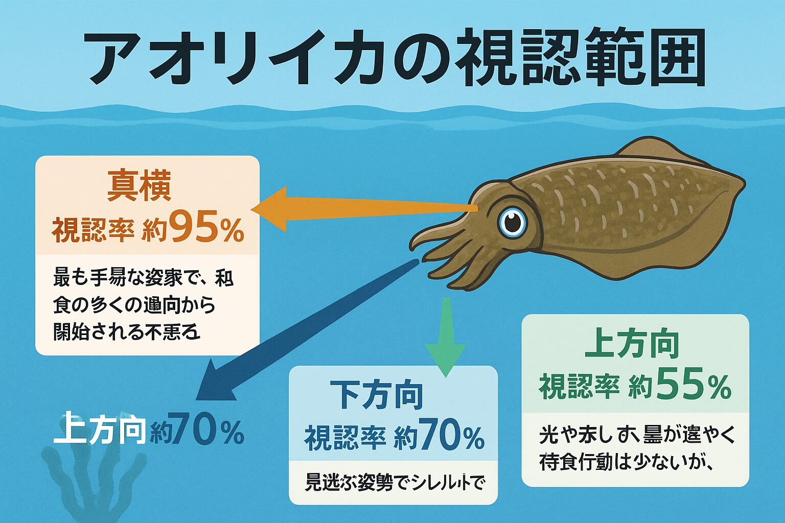 アオリイカの視認範囲は、真横>下方向>上方向の順で得意です。釣太郎