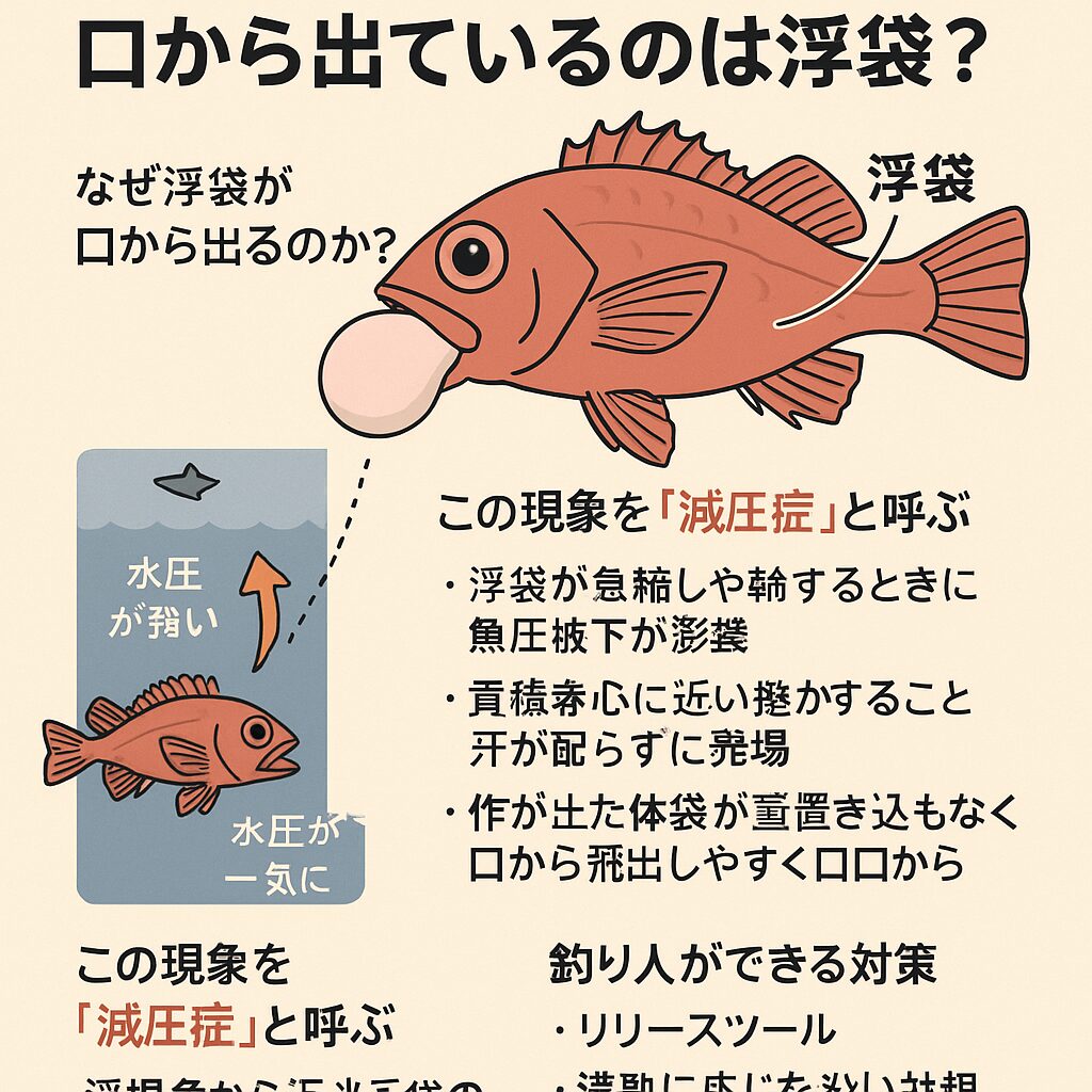 多くの釣り人が勘違いしていますが、口から直接飛び出してくるのは「浮袋」ではなく「胃袋」です。釣太郎