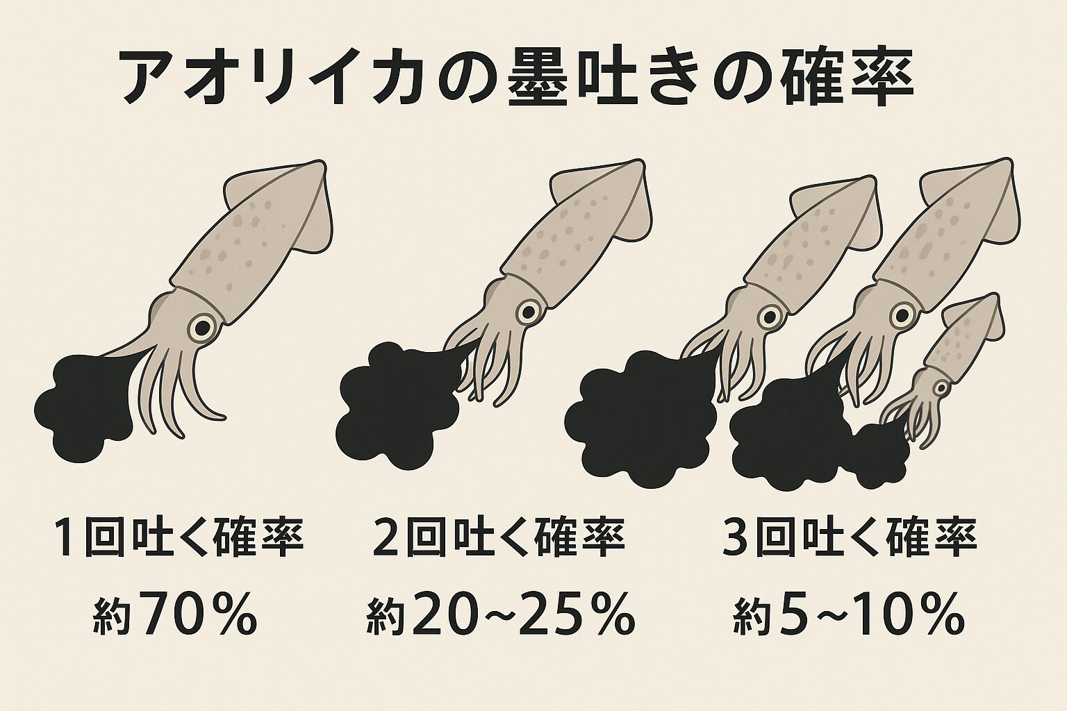アオリイカは釣った時、1回吐く確率は約70％、2回吐くのは約20〜25％、3回吐くのは約5〜10％。釣太郎