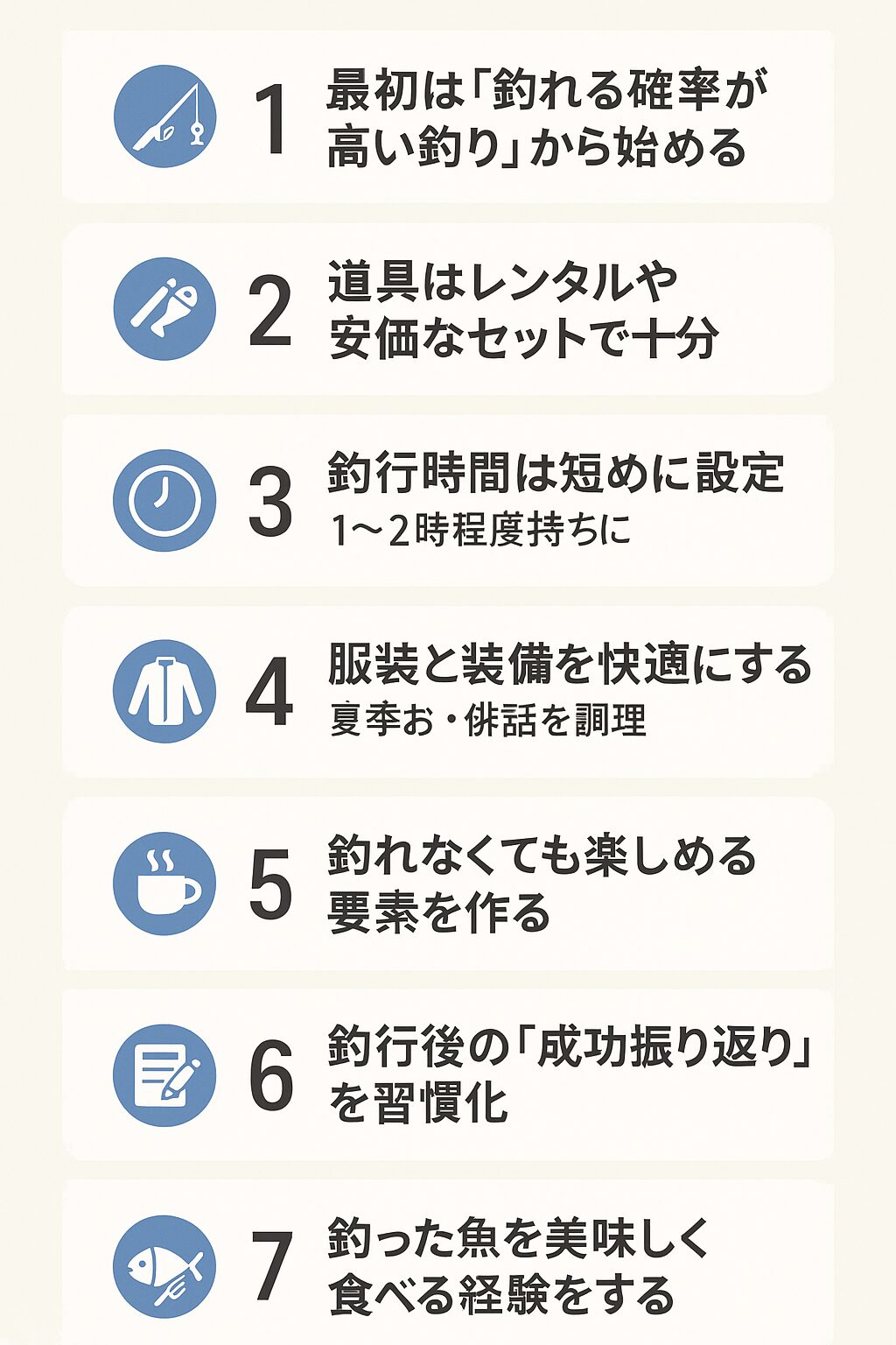 釣り初心者が3回以内で挫折しないためには、成功体験・快適さ・記録・食の楽しみの4つを意識することが重要です。釣太郎