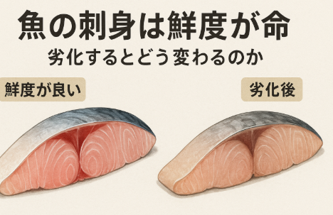 刺身は新鮮であるほど甘みや旨味を楽しめ、時間が経つほどに苦味・臭み・水っぽさが増していきます。3割引き → まだ刺身でも食べられるが、旨味のピークは過ぎている。釣太郎