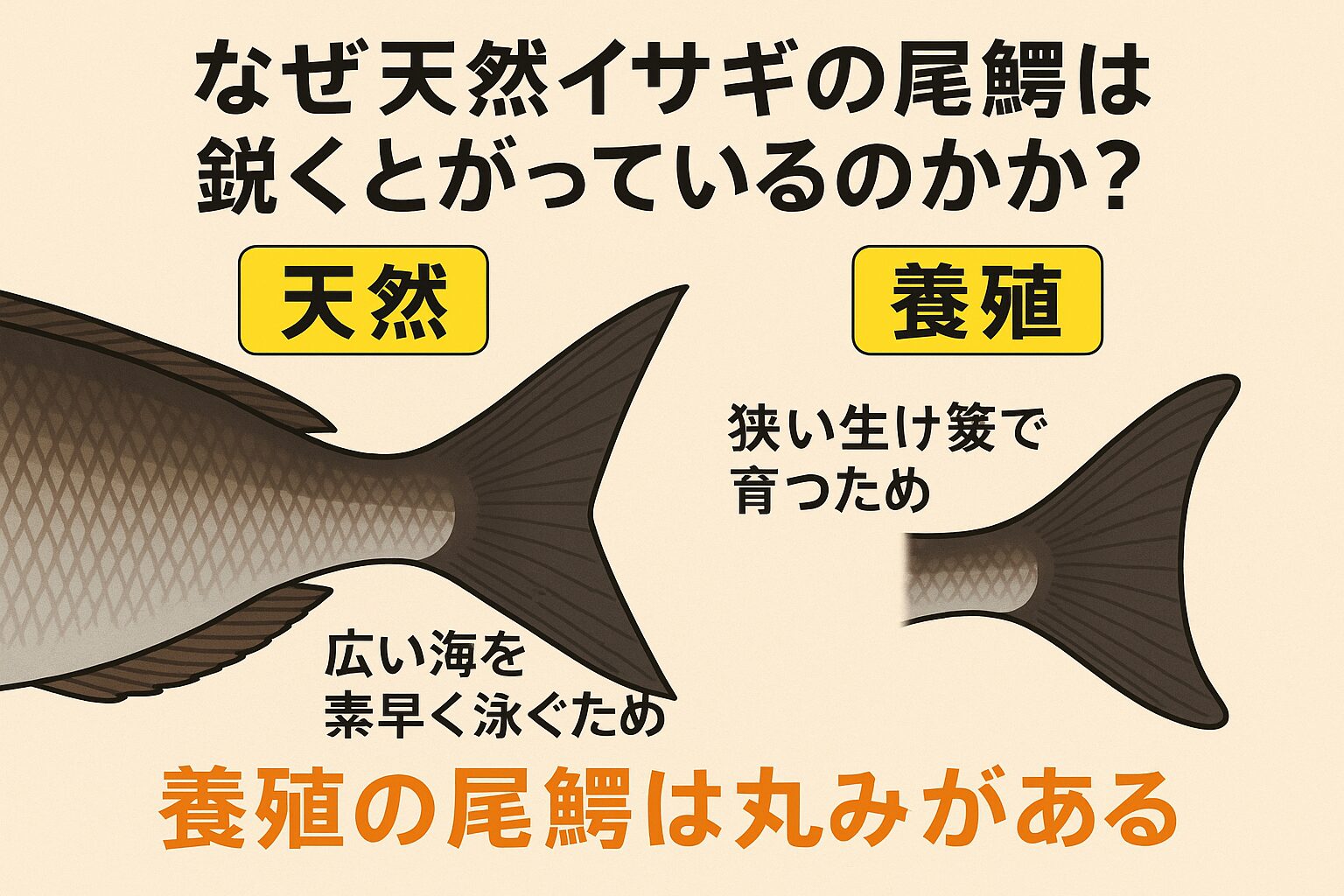 天然イサギの尾鰭は、広大な海で素早く泳ぐために進化した鋭い形状。養殖イサギは生簀育ちのため、丸みを帯びた尾鰭でゆったり泳ぐ。 この運動量の差が、身の締まりや味の違いにも影響を与える。釣太郎
