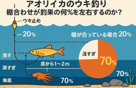 アオリイカのウキ釣りは初心者でも手軽ですが、釣果のカギは 65%「棚合わせ」 にあります。釣太郎