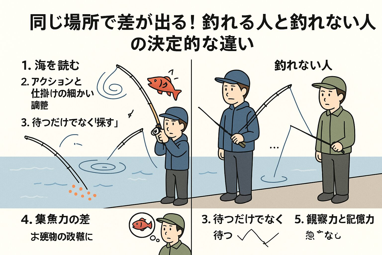 釣れる人は、釣り場の情報収集から仕掛けの調整、そして魚へのアプローチまで能動的です。逆に釣れない人は、条件に気づかず受動的に竿を出してしまいます。釣太郎