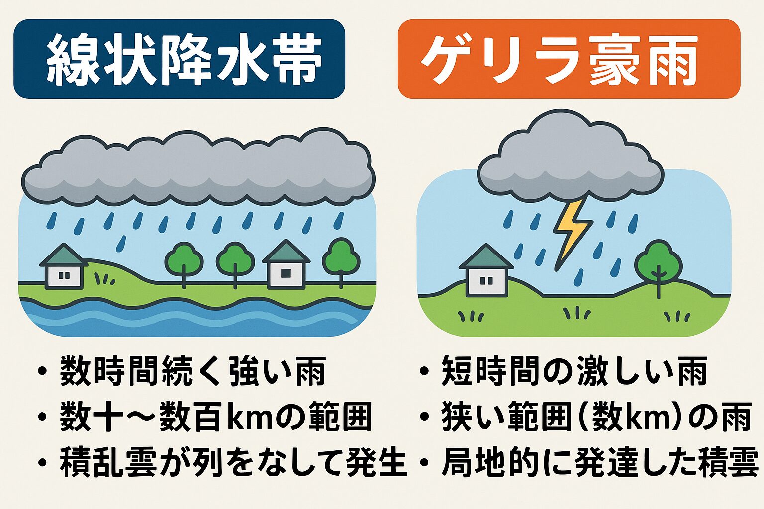 線状降水帯＝長時間・広範囲で大雨をもたらす雨雲の帯 ゲリラ豪雨＝短時間・局地的に猛烈な雨を降らせる現象 線状降水帯は災害規模が大きく、警報レベルの雨が数時間続くため危険性が高い。釣太郎