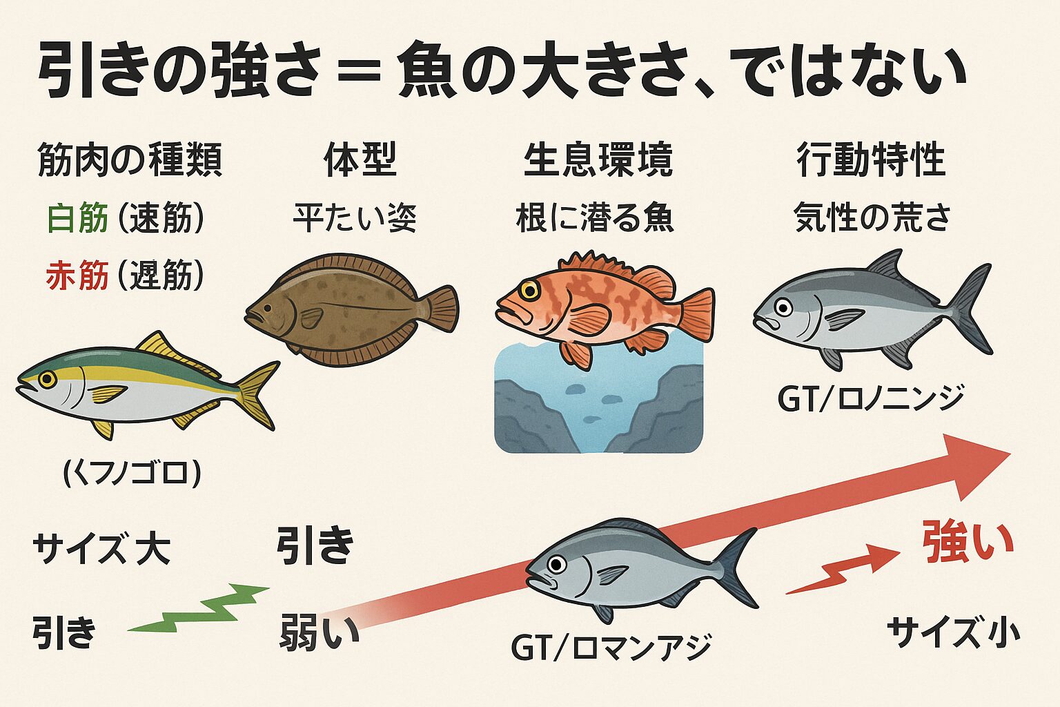 引きの強さは単に魚の大きさではなく、筋肉の割合。体型とヒレの形。生息環境。気性や行動特性。これらの組み合わせで決まります。釣太郎