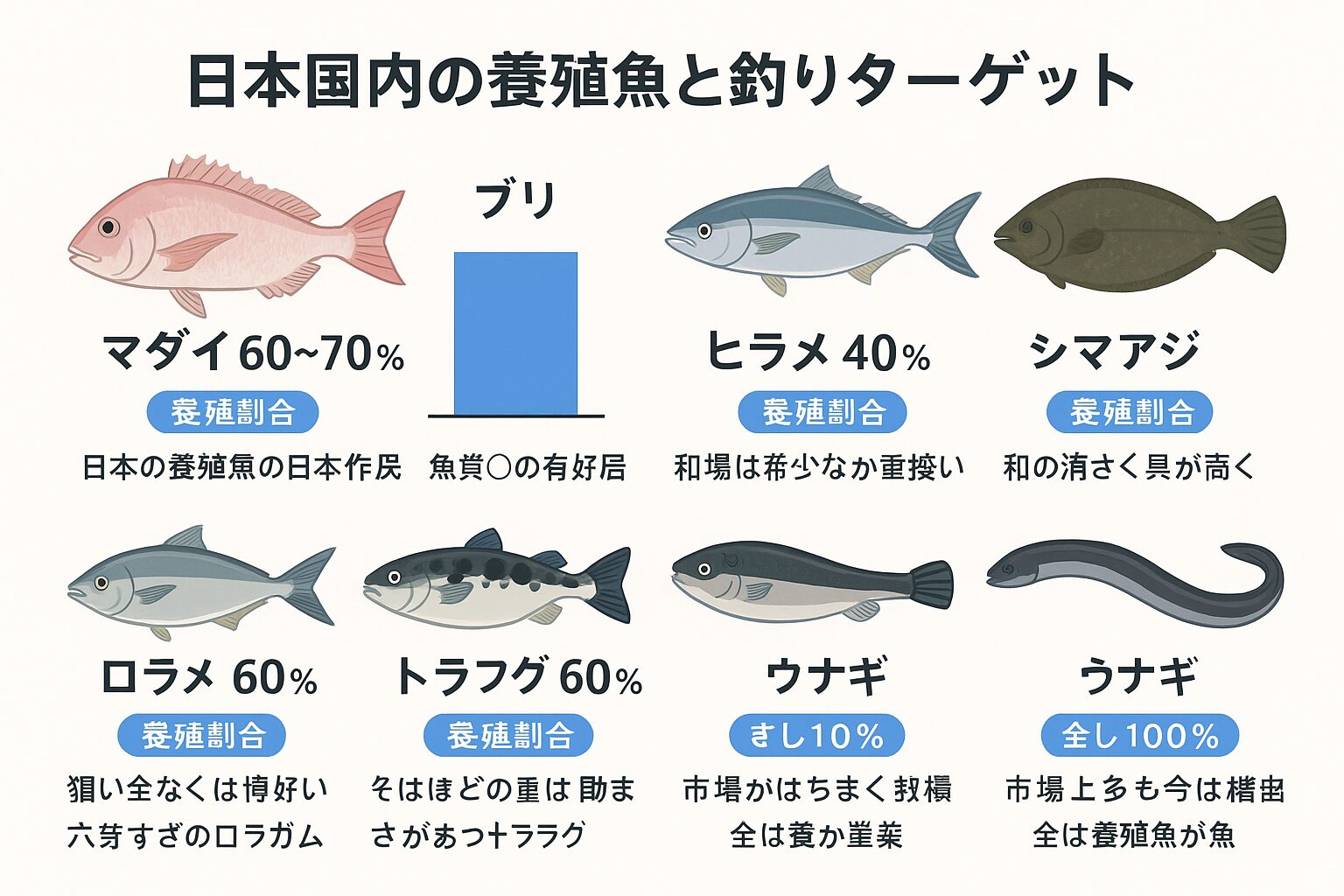 養殖が主流の魚種：マダイ・シマアジ・カンパチ・トラフグ・ウナギ。天然と養殖が拮抗している魚種：ブリ・ヒラメ。釣太郎