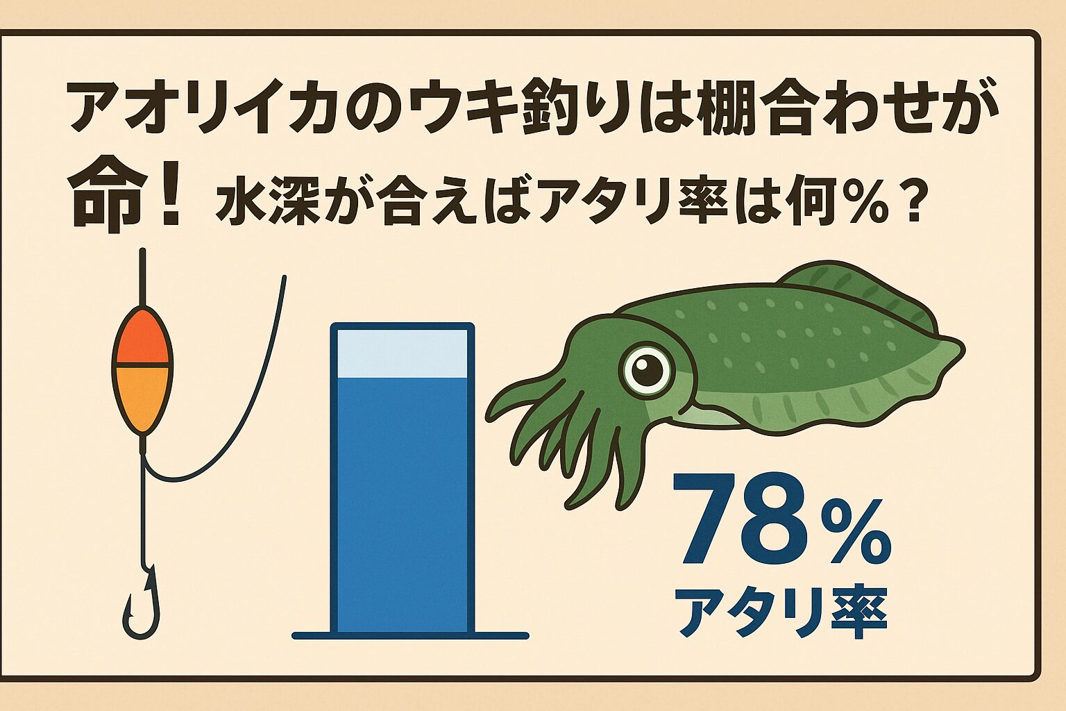 アオリイカのウキ釣りは「エサの鮮度」や「ポイント選び」も重要ですが、タナ合わせが正しければ釣果は倍増します。
水深が合えばアタリ率は約78%まで上昇するというAIの試算は、現場の感覚とも一致しています。釣太郎