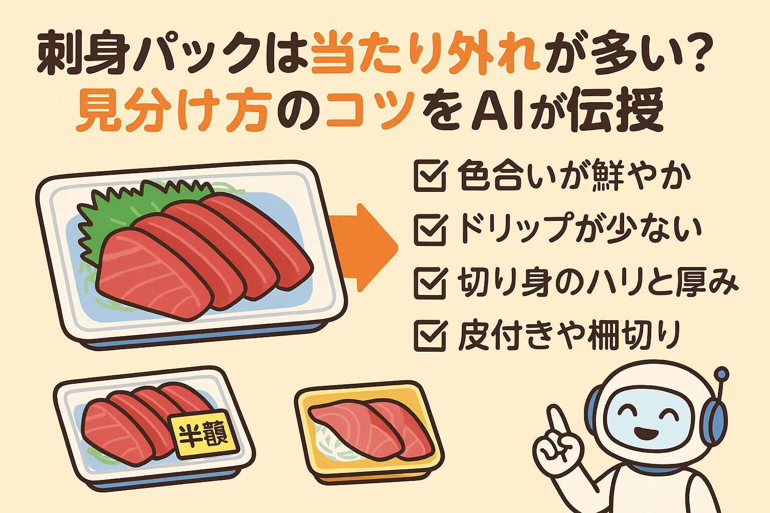 刺身パックは見た目次第で「大当たり」か「ハズレ」かが決まります。少し注意して選ぶだけで、同じ価格でも格段に美味しい刺身に出会える確率がアップ。釣太郎