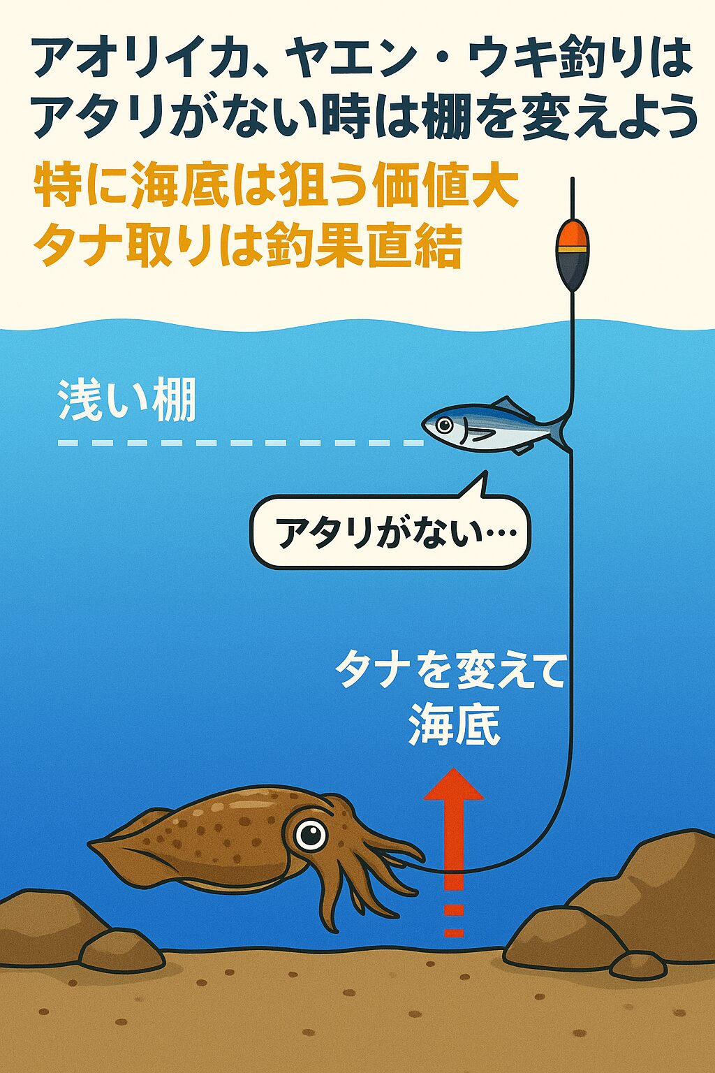 「タナを探る=アタリを作る」という意識を持つことで、あなたのアオリイカ釣りは格段にレベルアップします。釣太郎