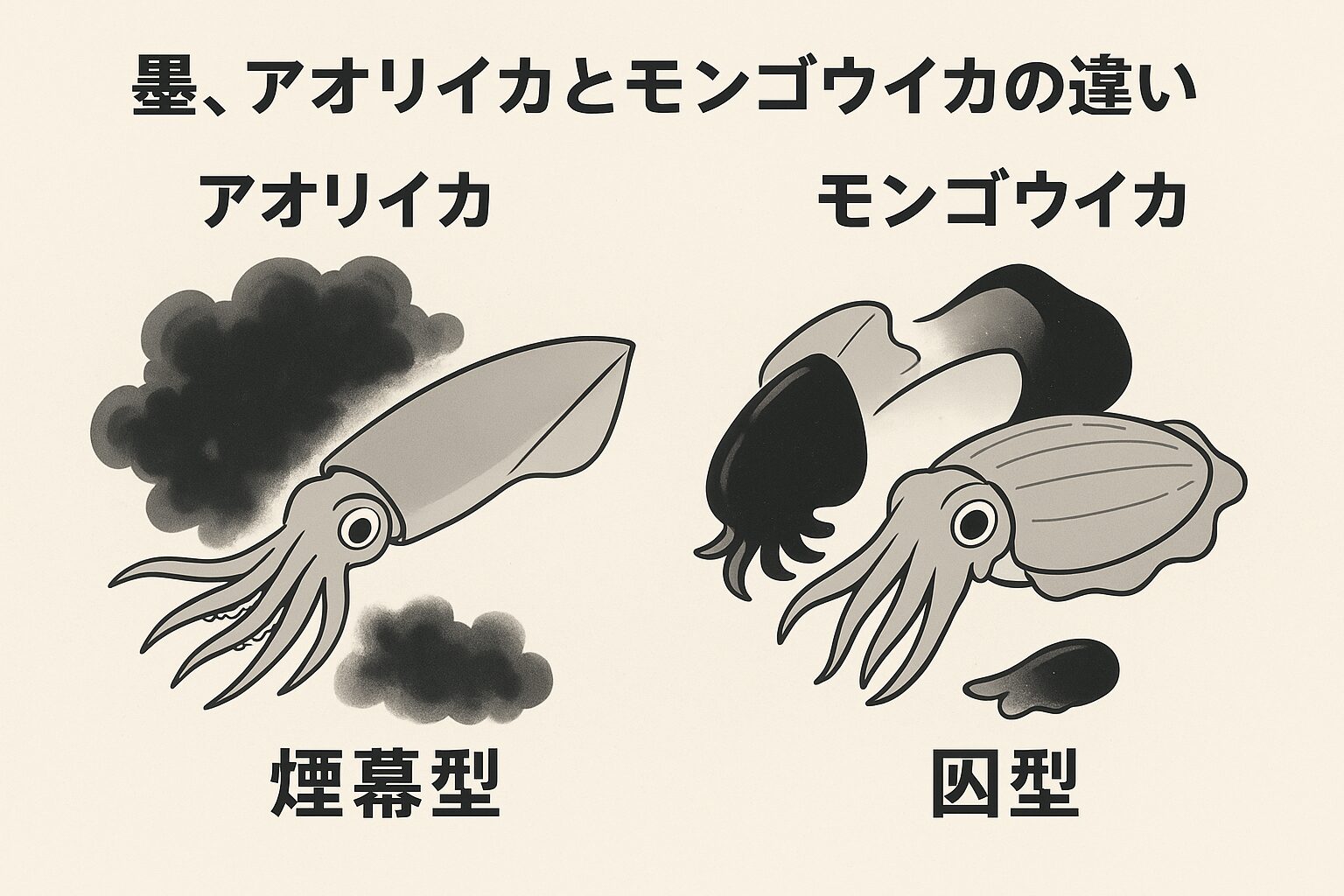 アオリイカの墨は「一瞬で逃げるための煙幕」。モンゴウイカの墨は「敵を欺く囮」。釣太郎