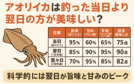 アオリイカは「釣ったその日が一番」と思われがちですが、科学的には翌日が旨味と甘みのピークです。釣太郎