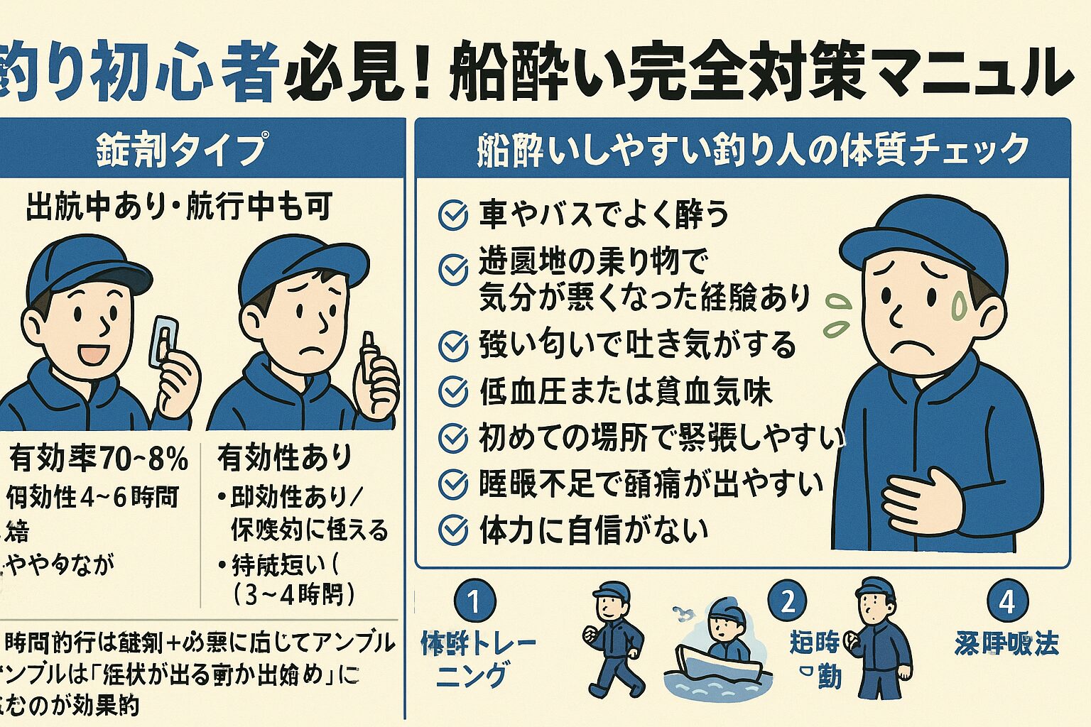 船酔いは釣りの楽しみを奪う大敵ですが、錠剤とアンプルを上手に使い分け、日常的に酔いにくい体を作れば、大半は防げます。釣太郎