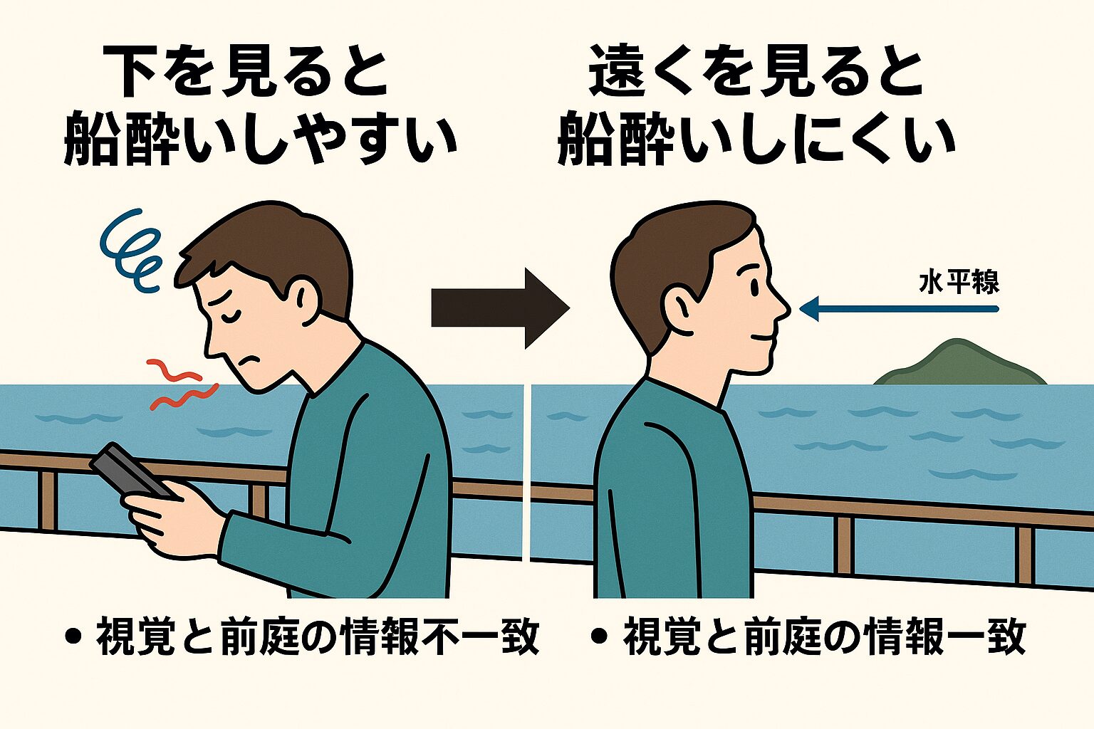 下を見て船酔いしやすく、遠くを見ると酔いにくいのは、 内耳が感じる揺れと視覚が捉える揺れを一致させるかどうかが決定的なポイントです。釣太郎