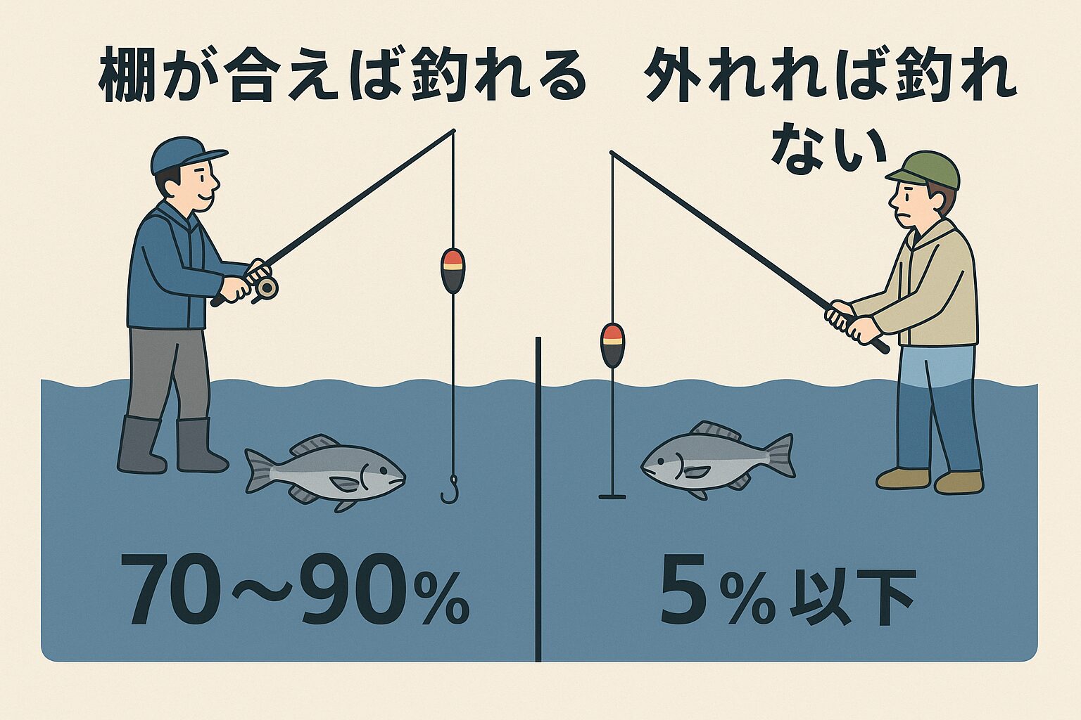 釣果の7割は「棚取り」で決まる。タナが合えばアタリ率は 70〜90%、外れれば 5%以下。初心者がまず学ぶべきは、仕掛けやエサよりも「魚のいる層を探すこと」。釣太郎