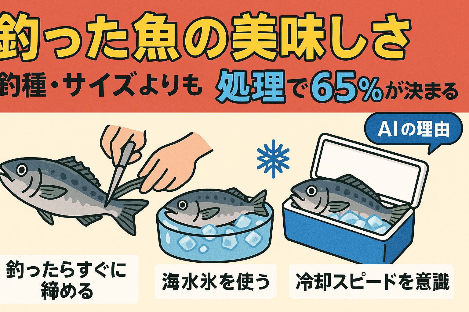 AIが導き出した「魚の美味しさの65%は処理で決まる」。釣果自慢 → 魚種・サイズ・時期(35%)。 美味しさ自慢 → 処理技術(65%)。釣太郎