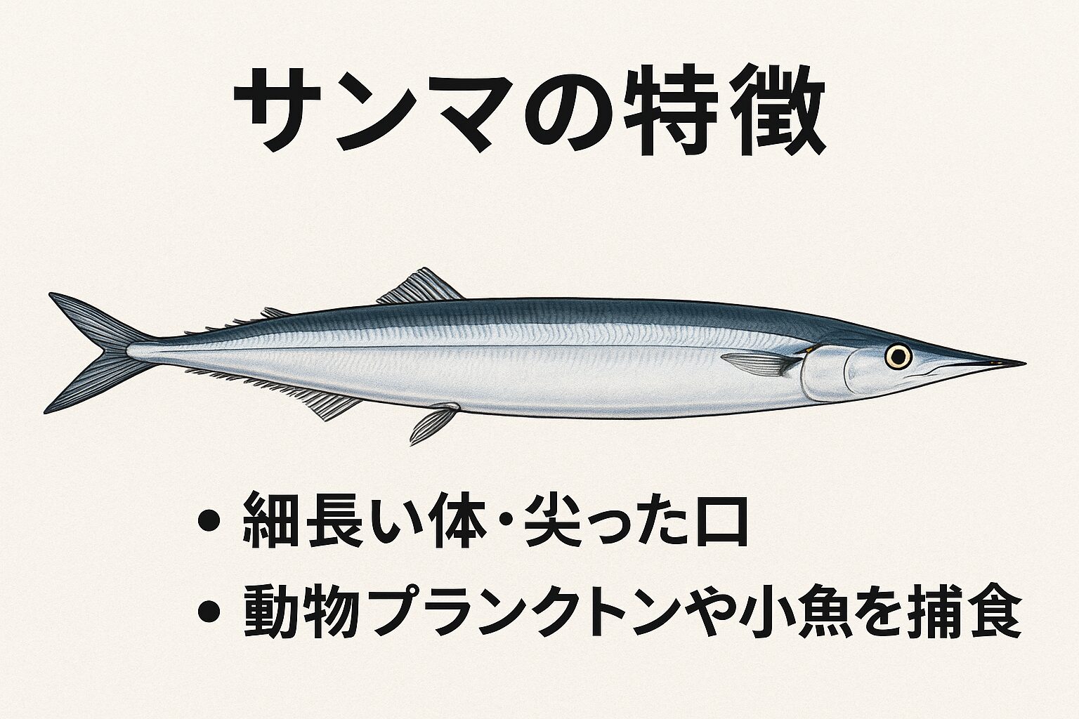 サンマは、細長い体=長距離回遊に適応・尖った口=プランクトンや小魚を捕食するための形態・旬は秋=産卵前に脂を蓄えるため。という特徴を持った回遊魚。釣太郎