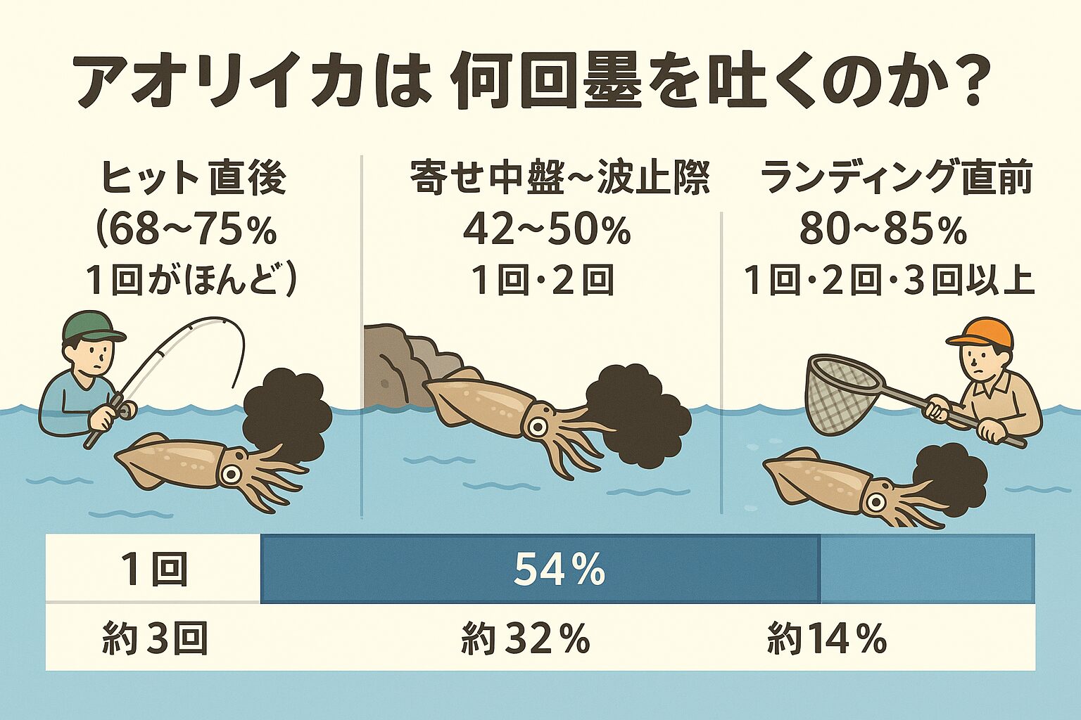 アオリイカは1回吐きが約54%、2回吐きが約32%、3回以上吐くのは約14%。 最も吐きやすいのはランディング直前（発生率80%以上）。 春の大型は複数回、秋の新子は1回吐きが多い傾向。釣太郎