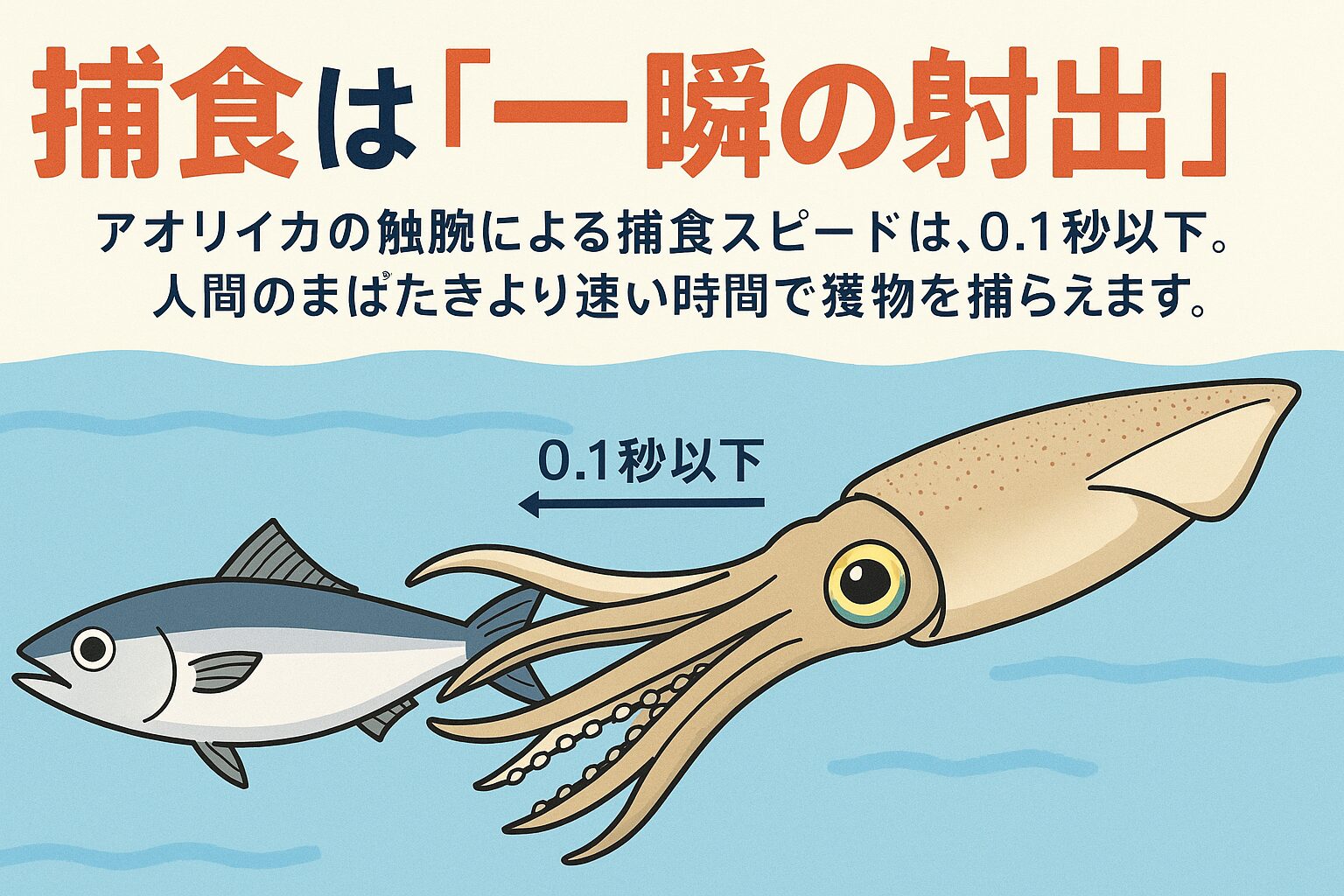 アオリイカの捕食は 「一瞬の射出」。そのスピードは人間のまばたきよりも速く、0.1秒以下で獲物を捕らえます。釣太郎