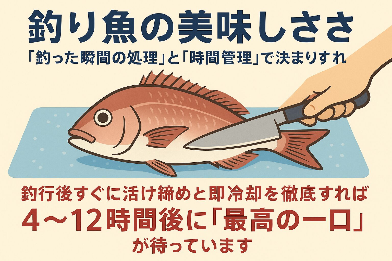 釣り魚の美味しさは、ただ新鮮だからではなく、「釣った瞬間の処理」と「時間管理」にかかっています。 特に、4〜12時間後の“うま味ピーク”を逃さないことが大切です。釣太郎
