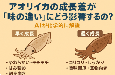 アオリイカの「味の違い」は、成長スピードや筋肉組織の違いによって生まれます。・早く成長 → 甘み・柔らかさ・遅く成長 → 旨味・歯ごたえ。釣太郎