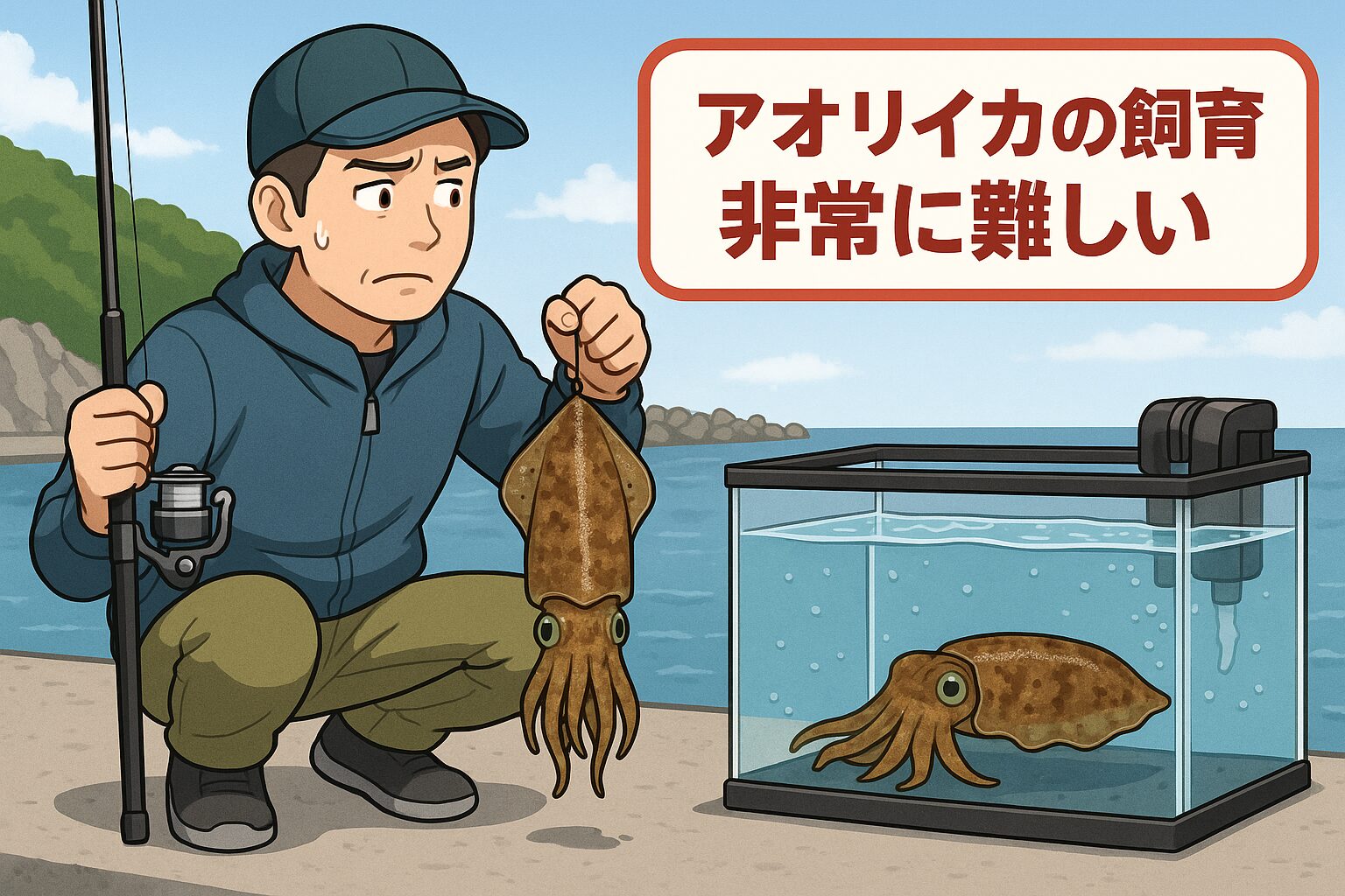 アオリイカは浮力調整ができず常に泳ぎ続ける必要があり、ストレス・酸素不足・狭さ・生き餌依存という複数のハードルが重なる為、飼育は難しい。釣太郎