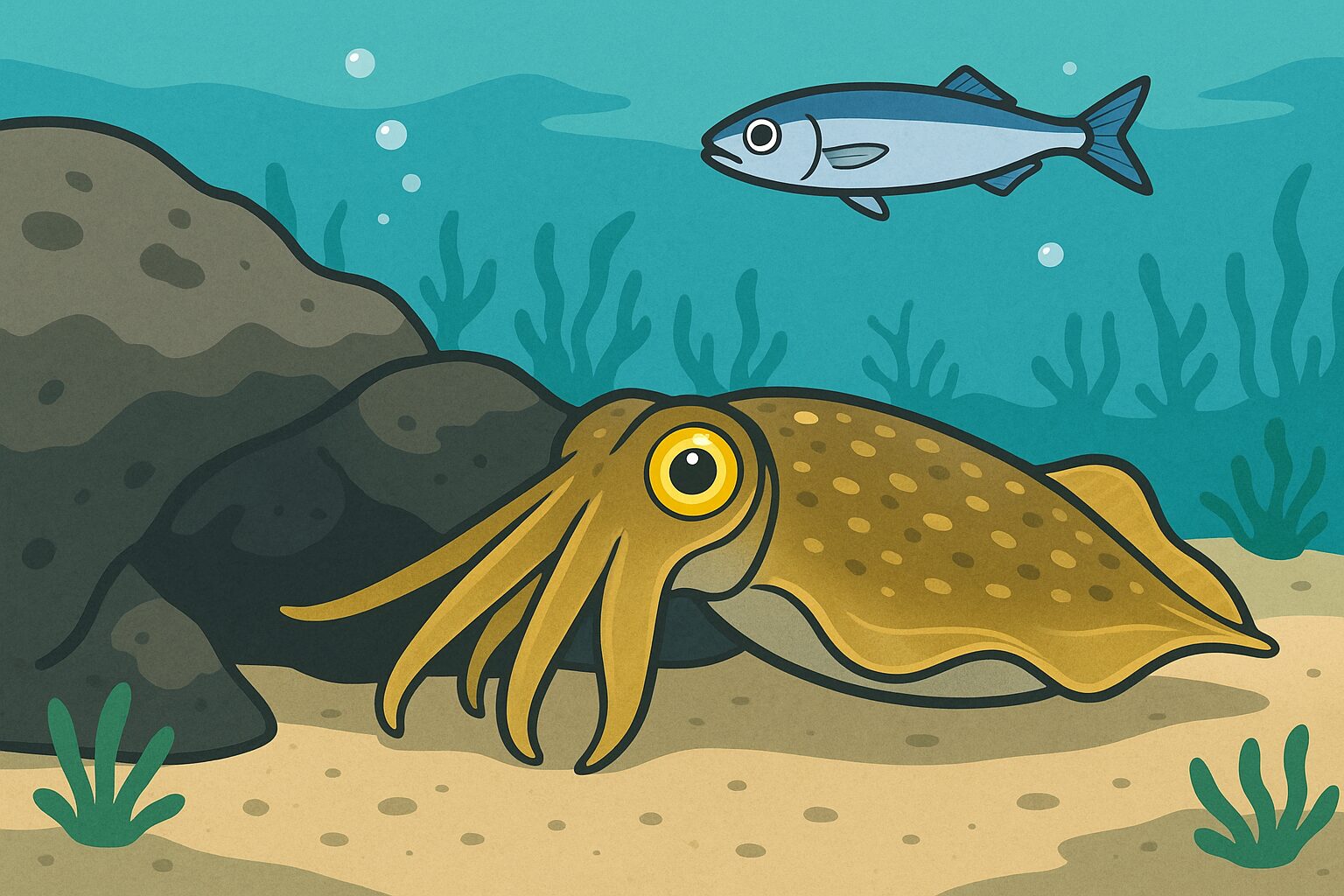 アオリイカは海底付近に身を潜め、上を通る小魚を見上げて捕食します。釣太郎