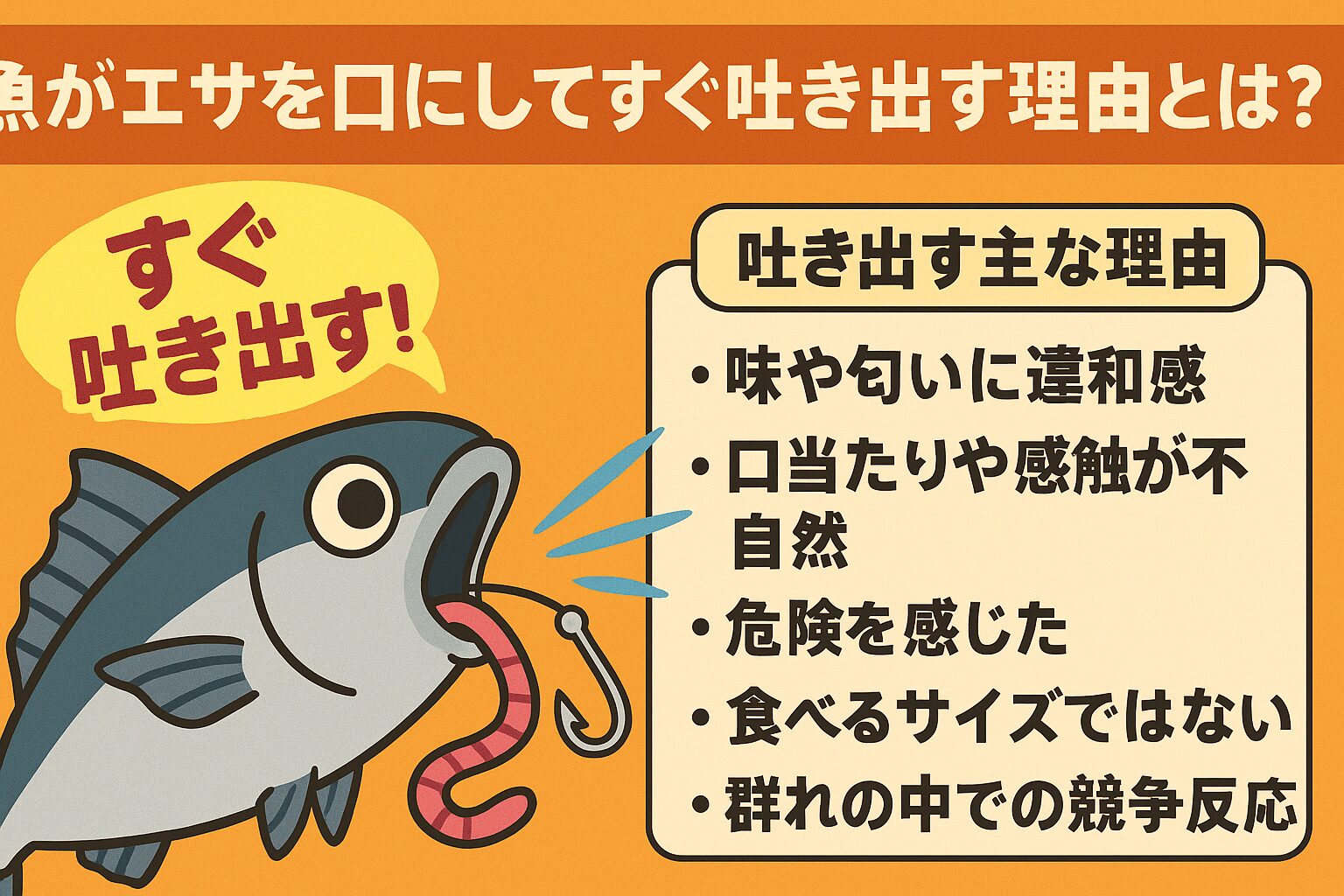 魚はエサを一度口に入れて吐き出すのが自然な習性。理由は「違和感・警戒・サイズ不一致」など複数存在。鮮度、針の選定、糸のテンションを見直すことで吐き出しを減らせる。吐き出し後もチャンスがあるため、焦らず再アプローチが有効。釣太郎