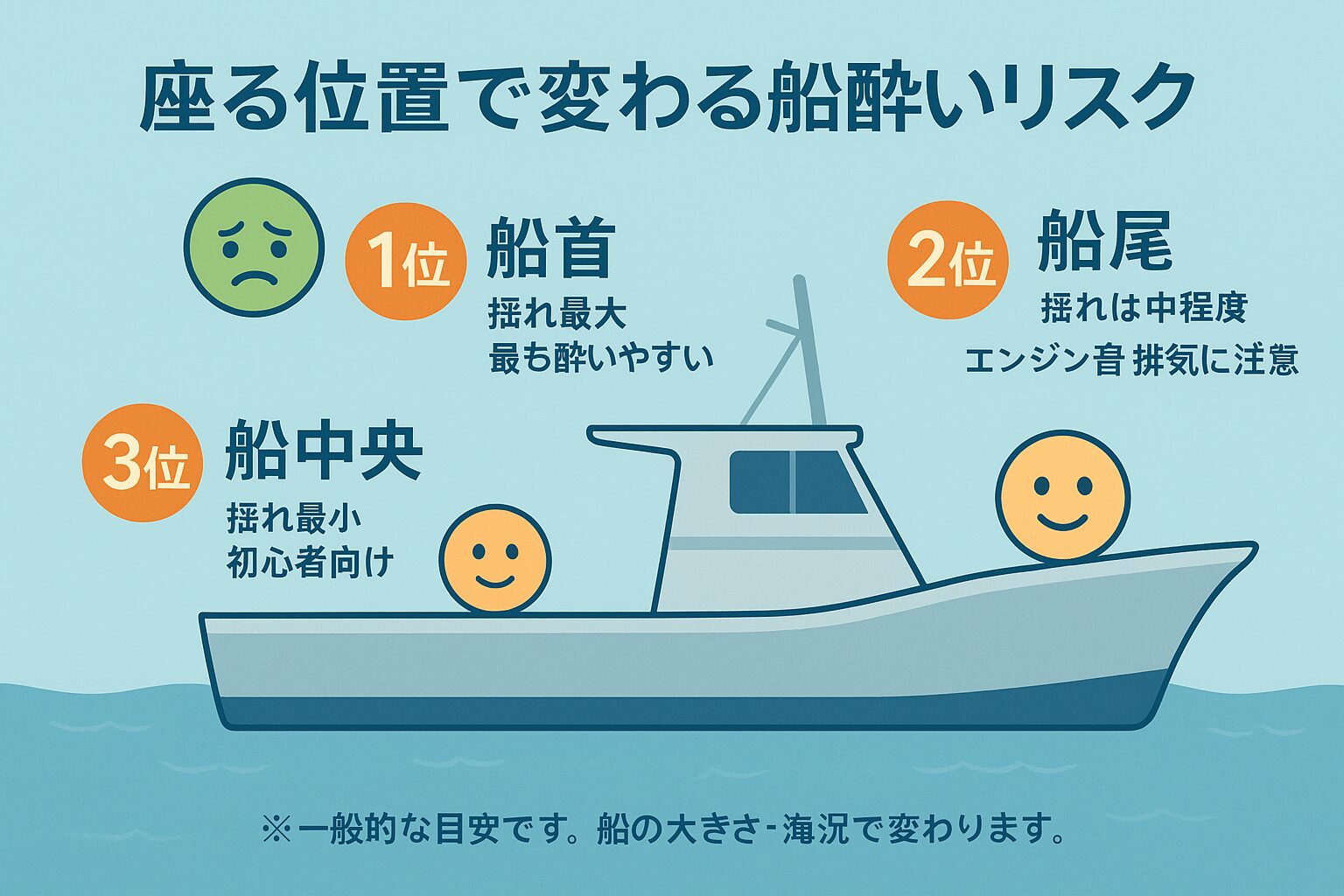 船に酔うかどうかは、三半規管の感度・脳の順応度・体調に左右されます。釣太郎