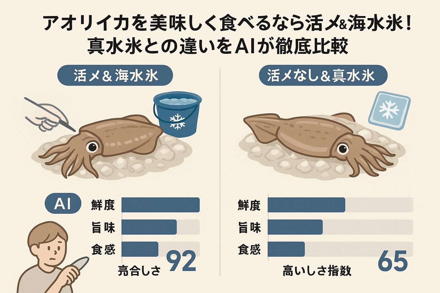 アオリイカを最高に美味しく味わうには、 「活〆＋海水氷」＝美味しさ95点 が最強の組み合わせ。釣太郎