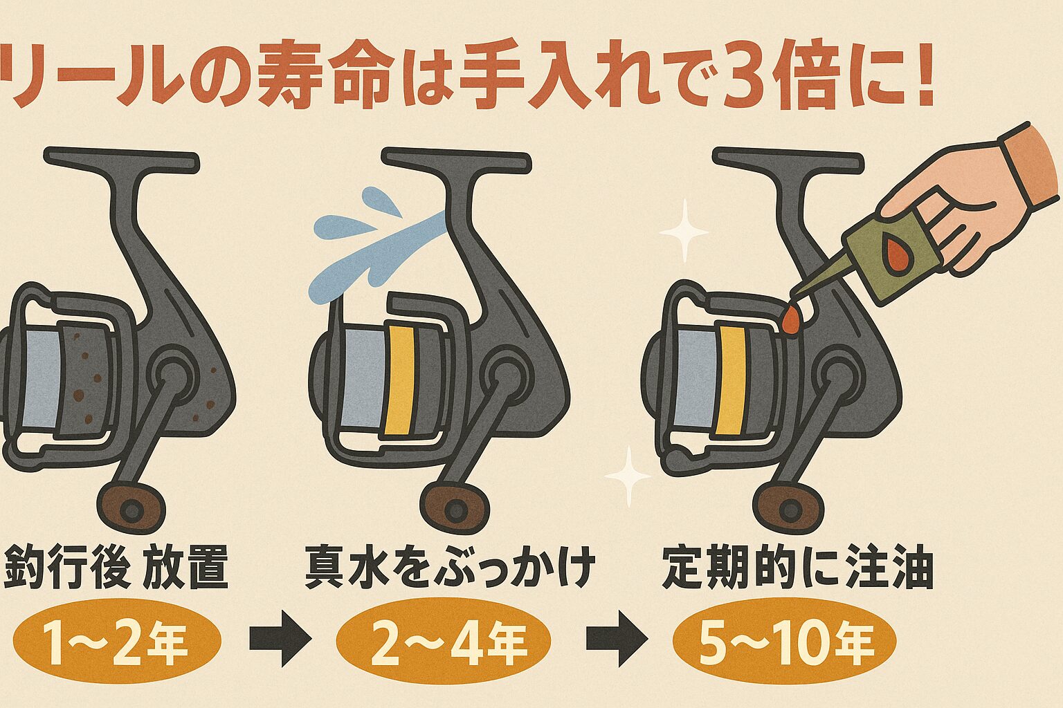 釣行後にリールをどう扱うかで、寿命は 1年で壊れるか、10年使えるか の差になります。 放置 → すぐにゴリ感、寿命1〜2年。真水をぶっかけ → 内部劣化で寿命2〜4年。釣太郎