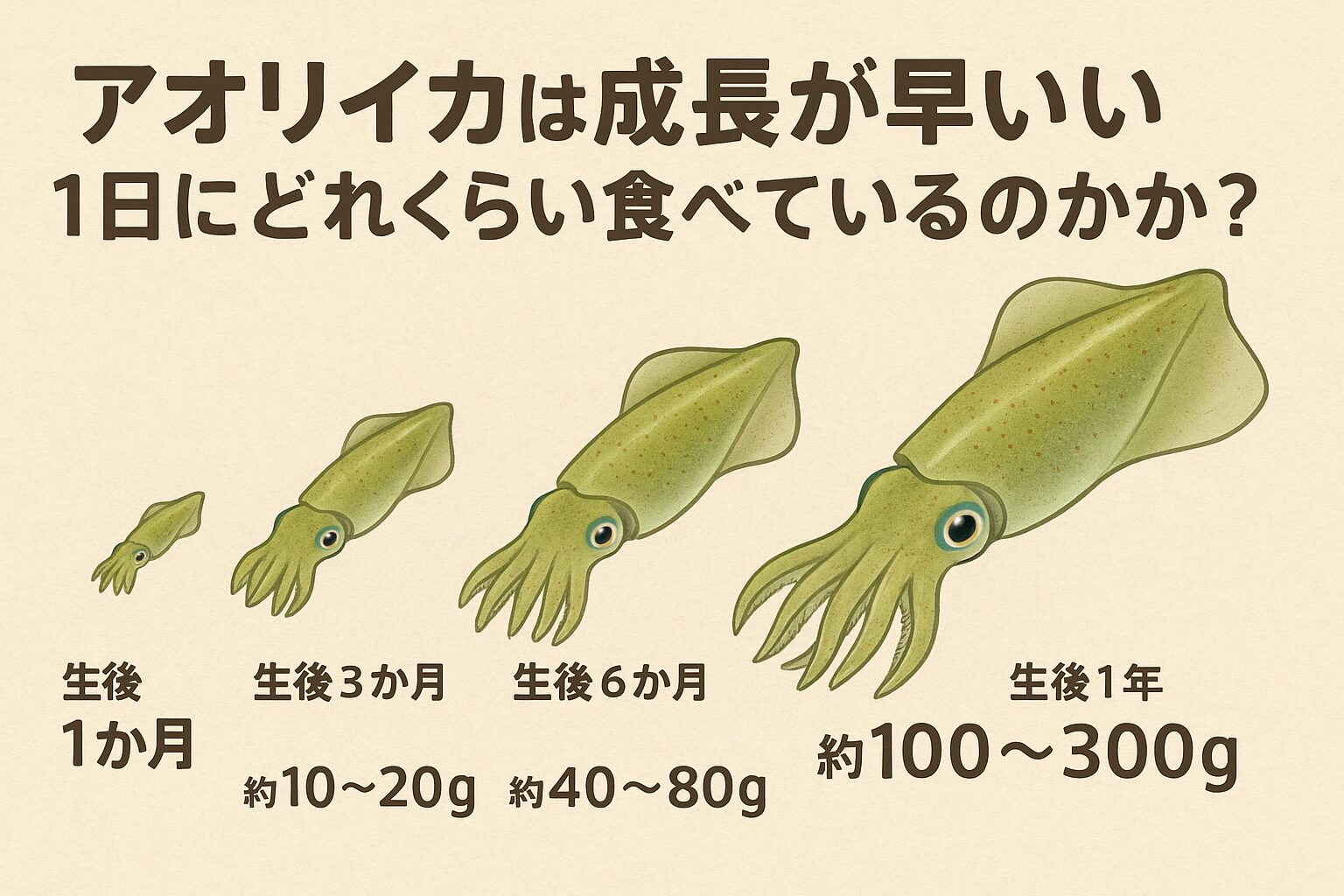アオリイカは、1日に自分の体重の約10%〜20%もの餌を食べると言われています。人間で例えると、体重70kgの人が毎日7kg〜14kgの食事をするようなものです。この莫大なエネルギー摂取量が、孵化からわずか半年で1kgを超えるまでに成長する原動力となっています。特に、成長のピークである若い時期は、この比率がさらに高まる傾向にあります。釣太郎
