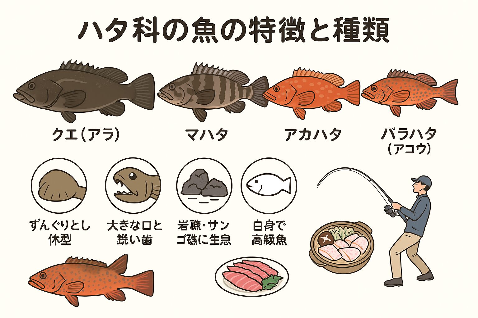 ハタ科の魚は、力強い体と鋭い歯を持つ肉食魚。釣りターゲットとしては引き味抜群で、料理では高級魚として食通を唸らせる存在。釣太郎